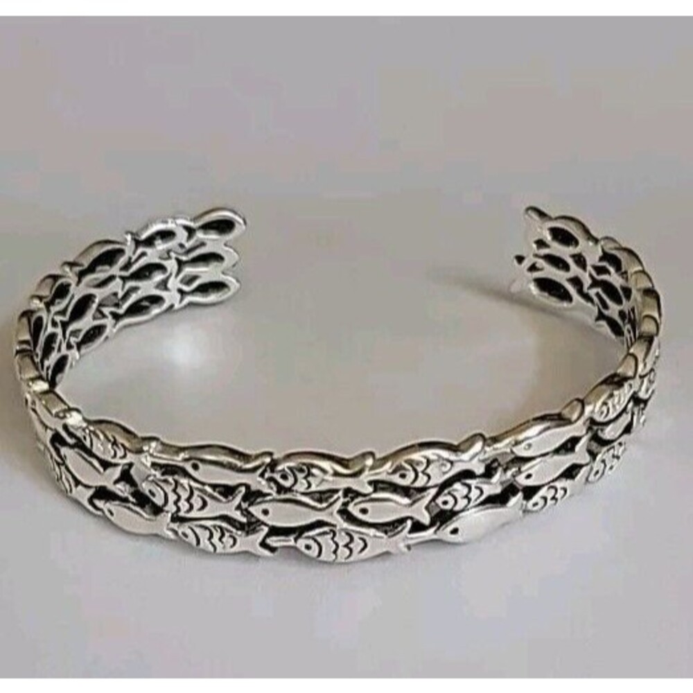 School of Fish Silver Plated Wide Chunky Black Enamel Accents Cuff Bracelet